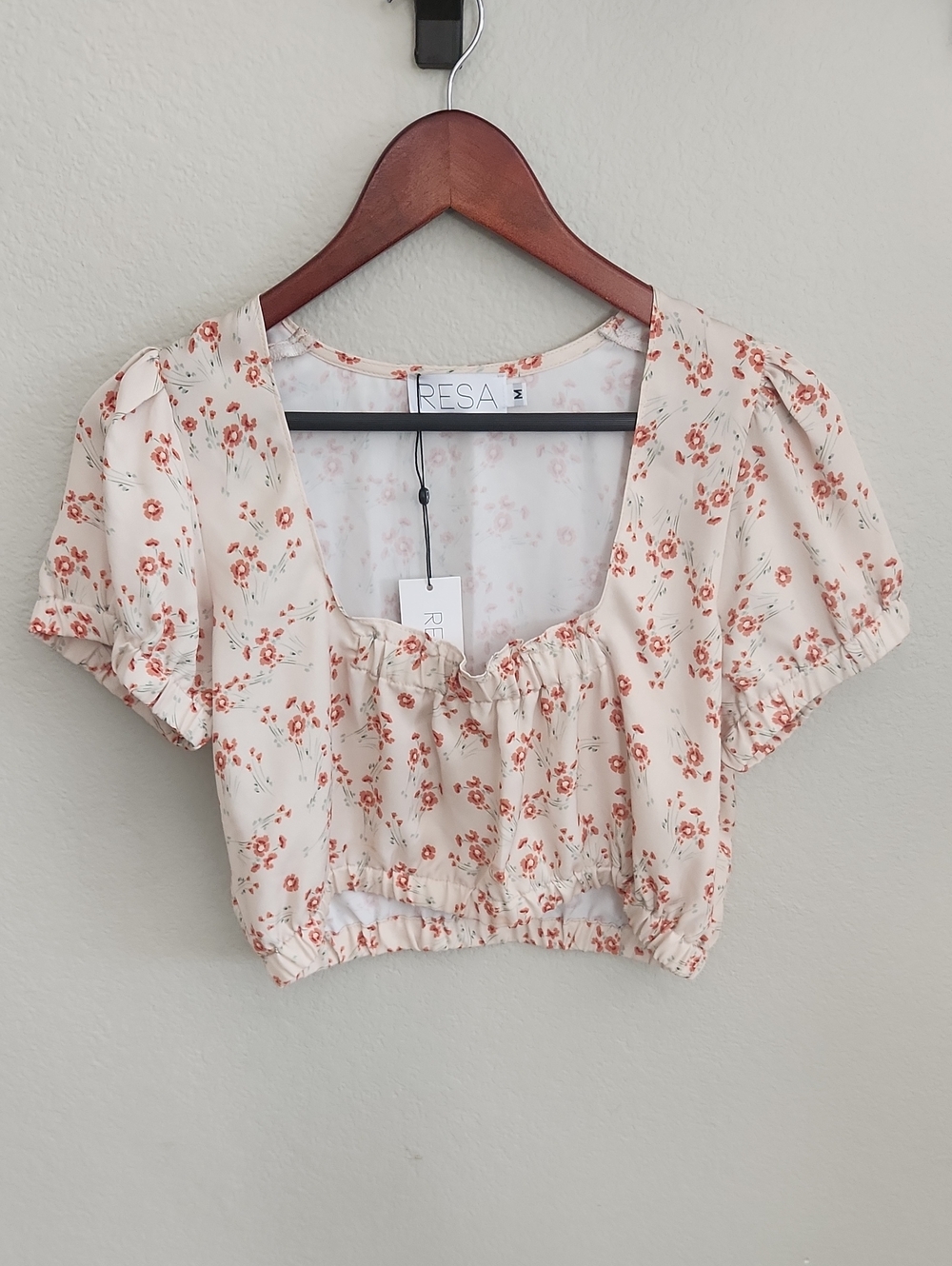 RESA Cream Floral Puff-Sleeve Crop Top Wemns Sz Med